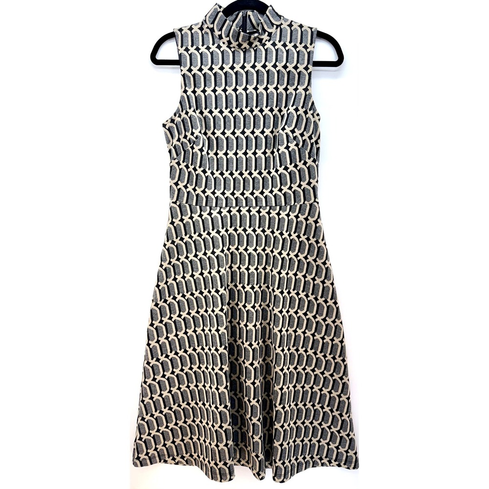 Geometric Mock Neck Fit Flare Dress Sz 8 Mod Office Siren Mad Men Classe Huppe
